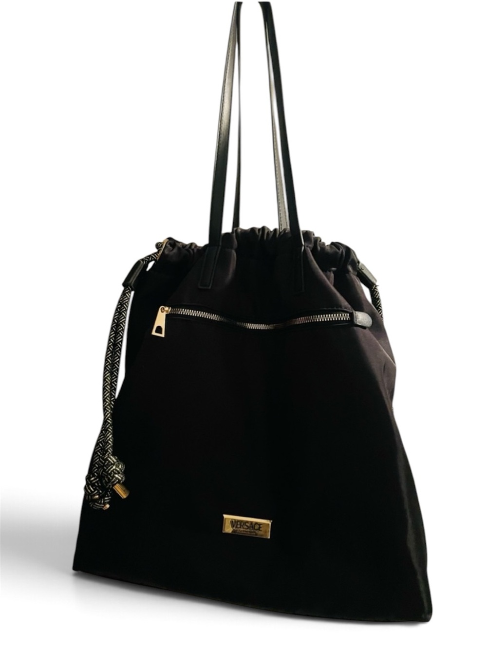 Versace Parfums Black Nylon Drawstring Tote Gold Hardware Shoulder Bag